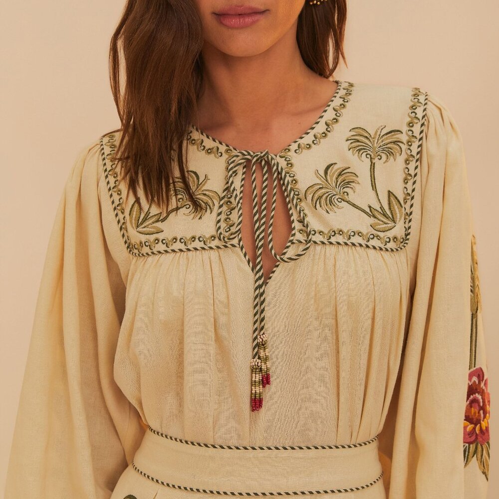 Farm Rio Sand Tropical Flower Embroidered LENZING™ ECOVERO™ Euroflax™ Blouse